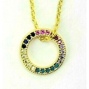 Gold-Plated Necklace Circle, Multicolor Cubic Zirconia + Cable Chain - 16 inches